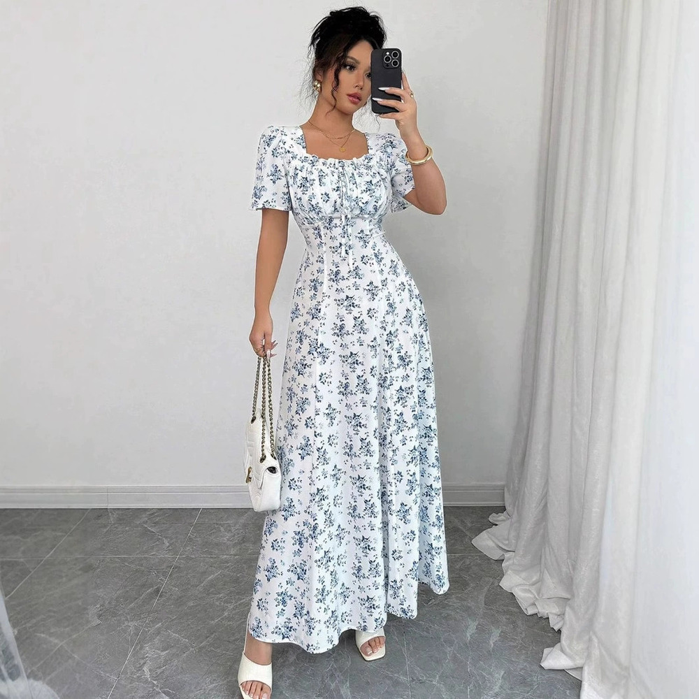 Zara Evening Mist Floral Print Puff Sleeve Dress with Slit Hem